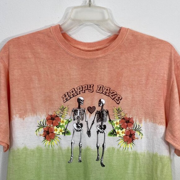 Chic & Cheerful Tie Dye Happy Daze Graphic Top - Orange/Green SzM - Picture 3 of 5
